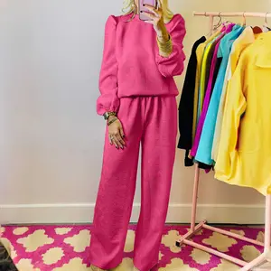 Rose Red Textured Puff Sleeve Top and Pants Set
