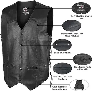 DEFY Challenge Your Fear Leather Motorbike Black Vest Club Style Motorcycle Biker Vest Side Laces Concealed Gun Pockets Menswear