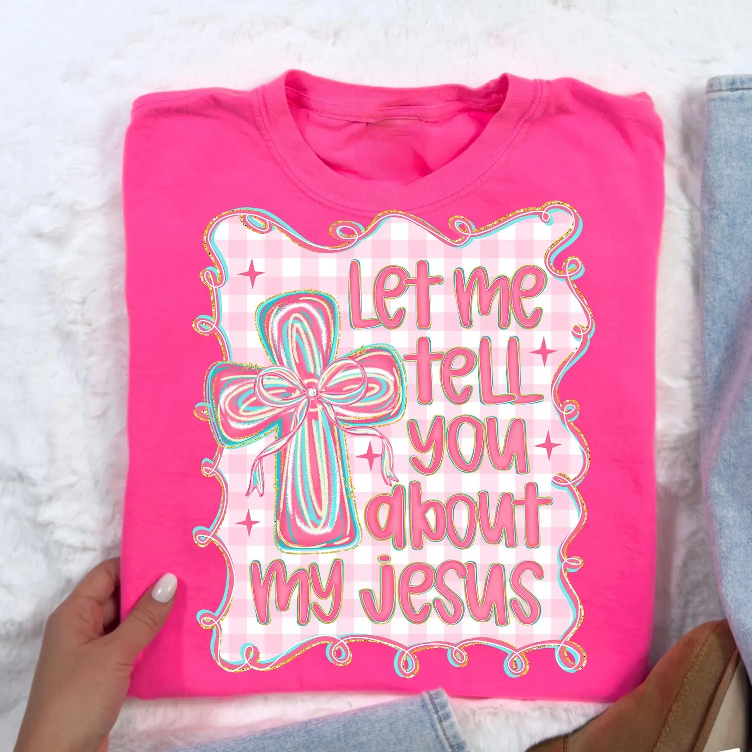 Christian Coquette Crewneck & T-shirt, Let Me Tell You About My Jesus, Girly Cross Preppy Bible Verse, Religious Bow tee hoodie sweatshirt, Christian gift shirt