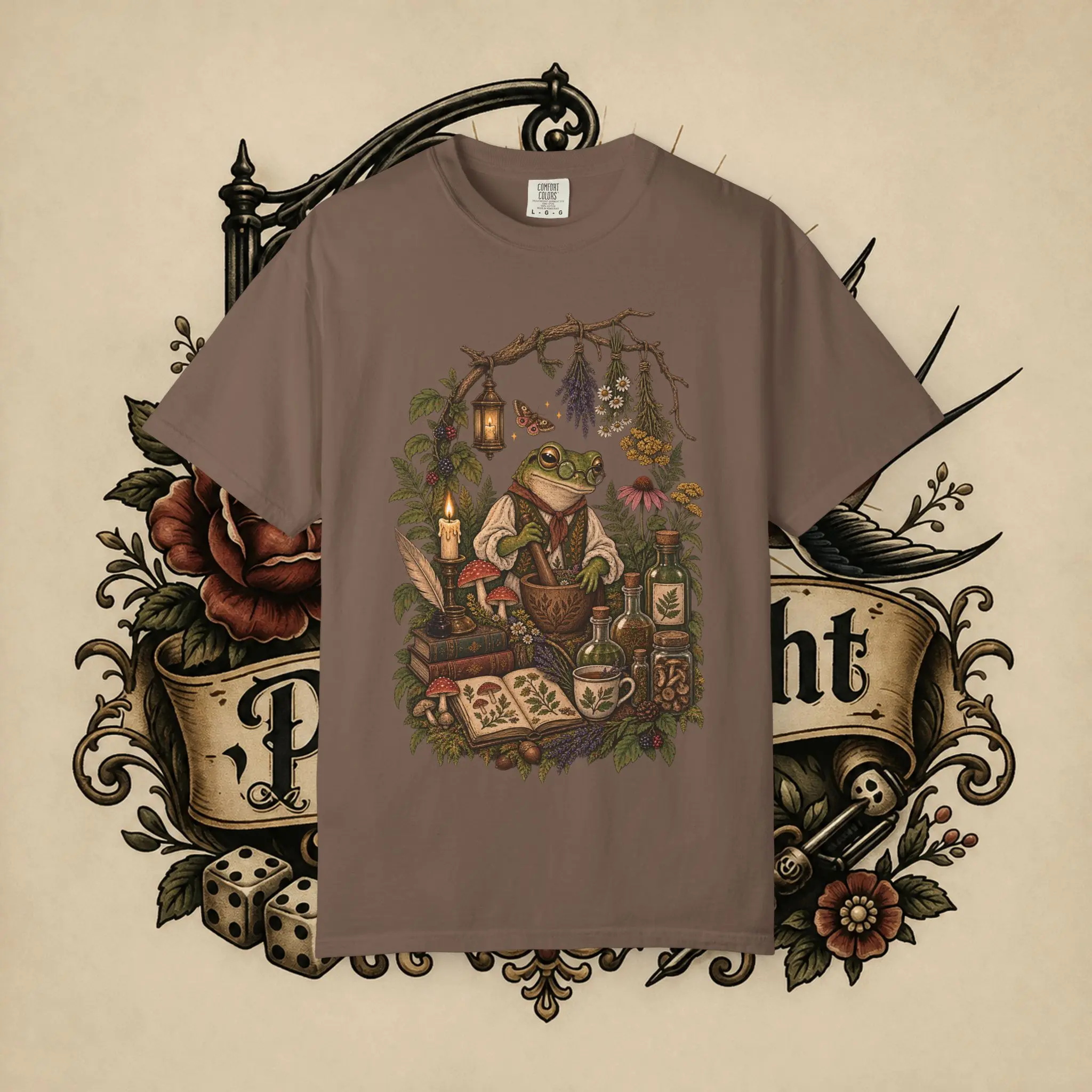 Men's Wizard Frog Graphic Print T-Shirt - All Seasons, Cold Wash, Garment-Dyed, Medium Length, Potion, Spellbook, Herbal Alchemy