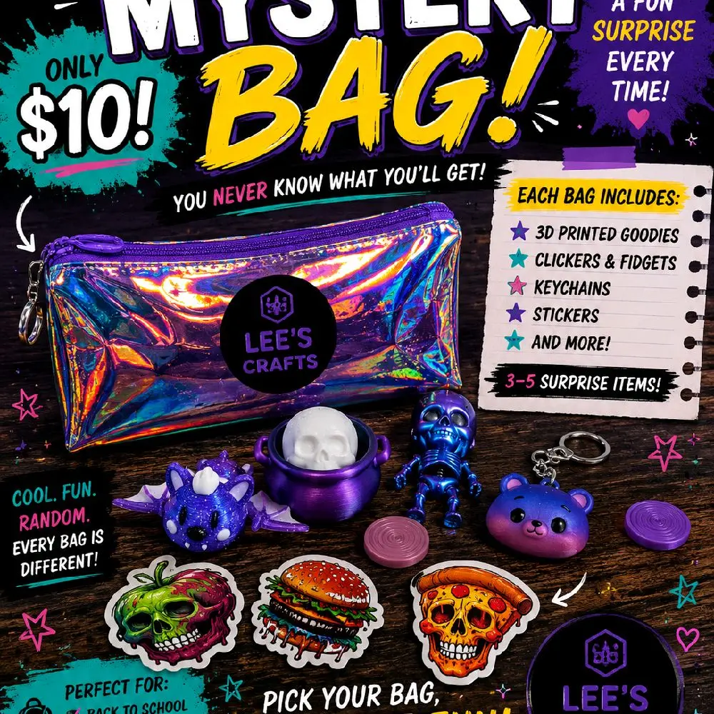 Lee’s Crafts $10 Mystery Bag | 3–5 Surprise 3D Printed Goodies, Fidgets, Keychains & Stickers