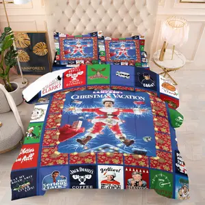 Movie Theme Christmas Fantasy Print Quilted Comforter Set, Includes Filled Comforter & Pillowcase, Classic Crazy Christmas Vacation Elements Warm Quilt Core, Warm Inner Liner, All Seasons Use, Comfy Bedding Set