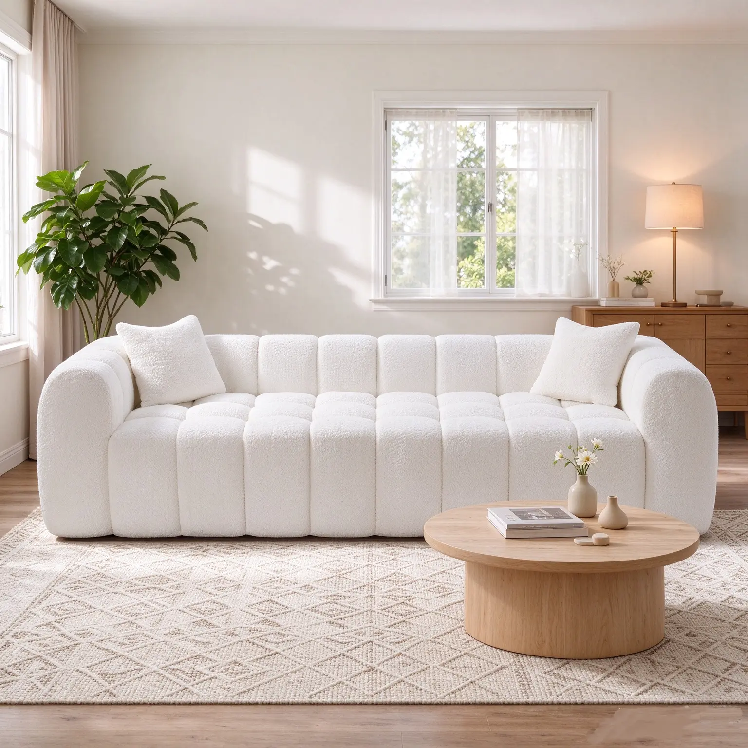 102.7in Oversized Boucle Marshmallow Sofa - Modern Cloud Lounge with Pill-Resist Fabric, No-Assembly 4-Seat Vertical Sectional Couch, Deep Seat Compressed Foam, Fixed Arms, Unpack & Rest, Box-Pack Delivery, Living Room Decor for Apartments