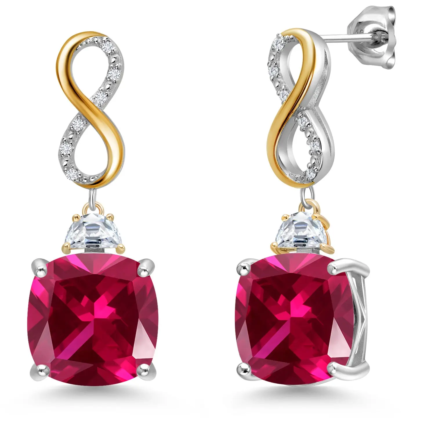 16.52 Cttw Red Created Ruby and Moissanite and White Lab Grown Diamond Dangle Earrings for Women | 925 Silver and 10K Yellow Gold | Gemstone July Birthstone | Cushion 12MM