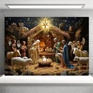 1pc 2D Flat Large Nativity Scene Backdrop Banner - Mary Joseph Jesus Angels Shepherds Sheep - Starry Night Stable decor - Durable Christmas Church Home Party decors - Indoor/ Use - Easy Hang White
