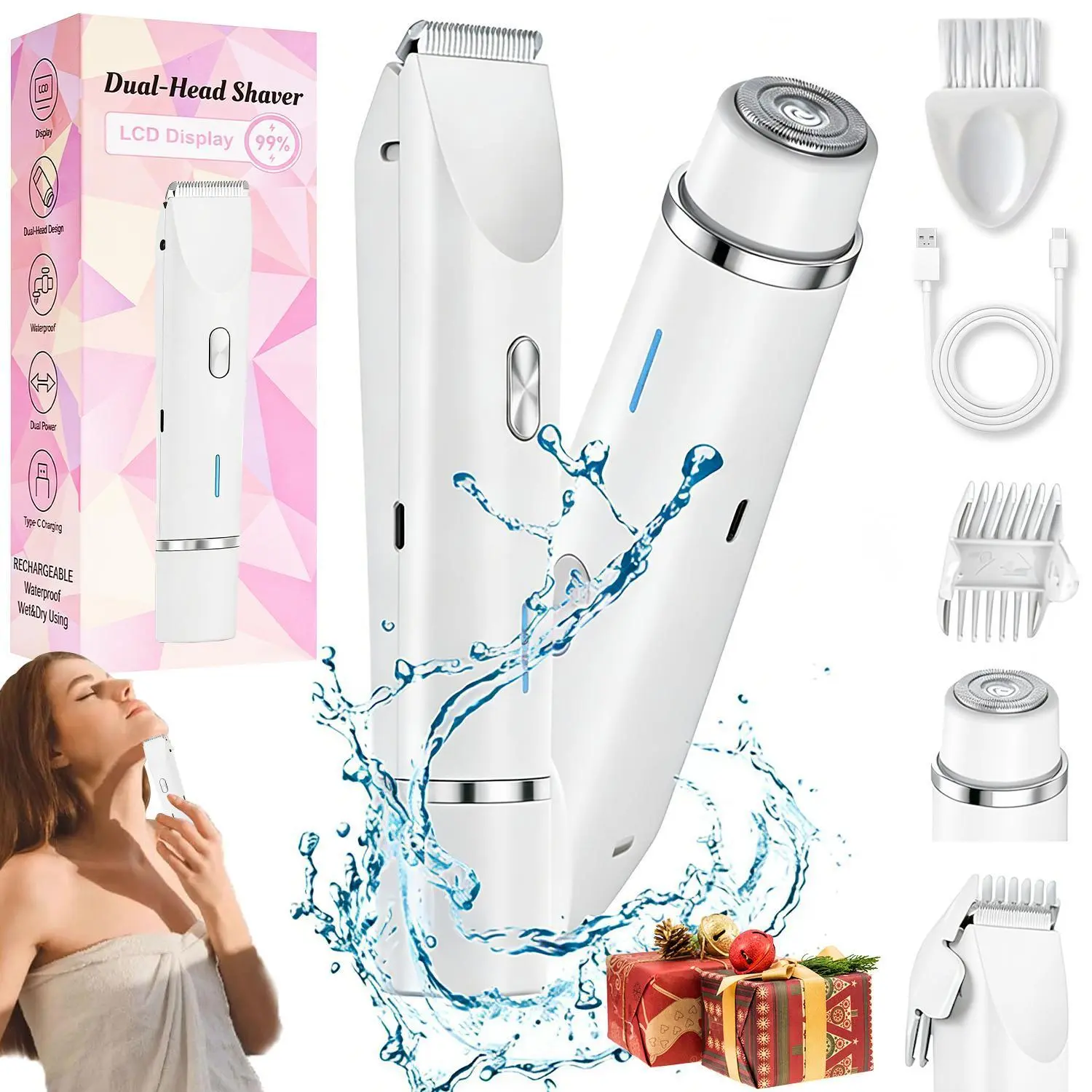 2 in 1 Ladies Electric Shaver Hair Trimmer, IPX7 Waterproof Shower Usable, USB Type-C Charging Ceramic Blades, Portable Full Body Bikini Hair Removal Device For Women Daily Use
