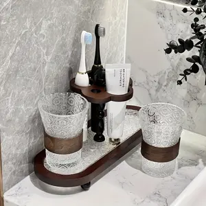 Vintage Multifunctional Bathroom Storage Rack, Double Cup Mouth Mouthwash Cups, Toothbrush and Toothpaste Holder, Practical Countertop Vanity Storage Organizer, Suitable for Bathroom Use