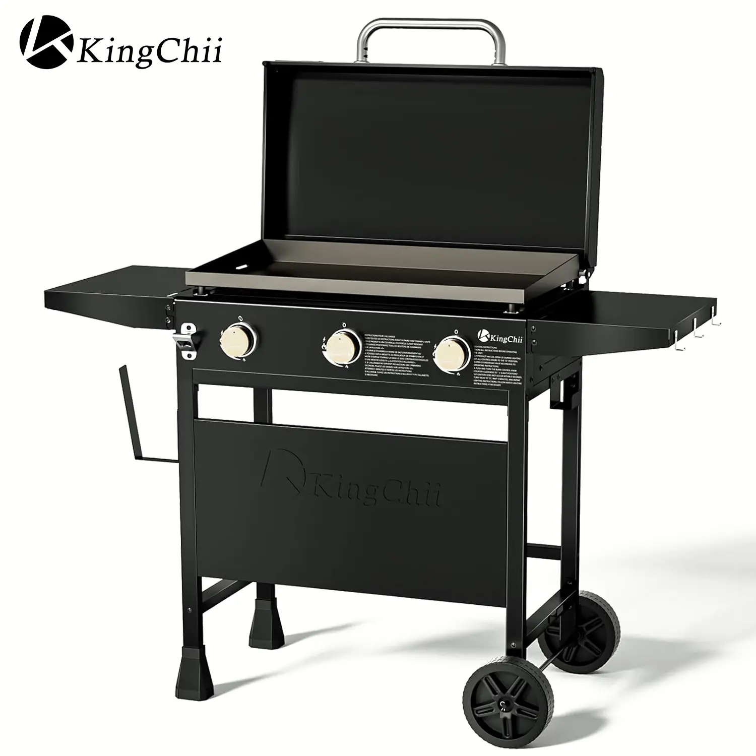 KingChii 28-Inch 3-Burner Rugged Powder-Coated Steel Gas Griddle with Integrated Protective Hood, Portable Flat Top Barbecue Grill Cart with Side Shelves, Non-Stick High-Efficiency Propane Large Grill for Backyard, Patio, Restaurant