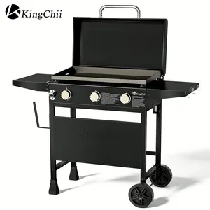 KingChii 28 Inch 3 Burner Gas Griddle with Integrated Protective Hood Portable Flat Top Grill with Cart Base Side Shelves Non Stick Propane BBQ Grill for Backyard Patio
