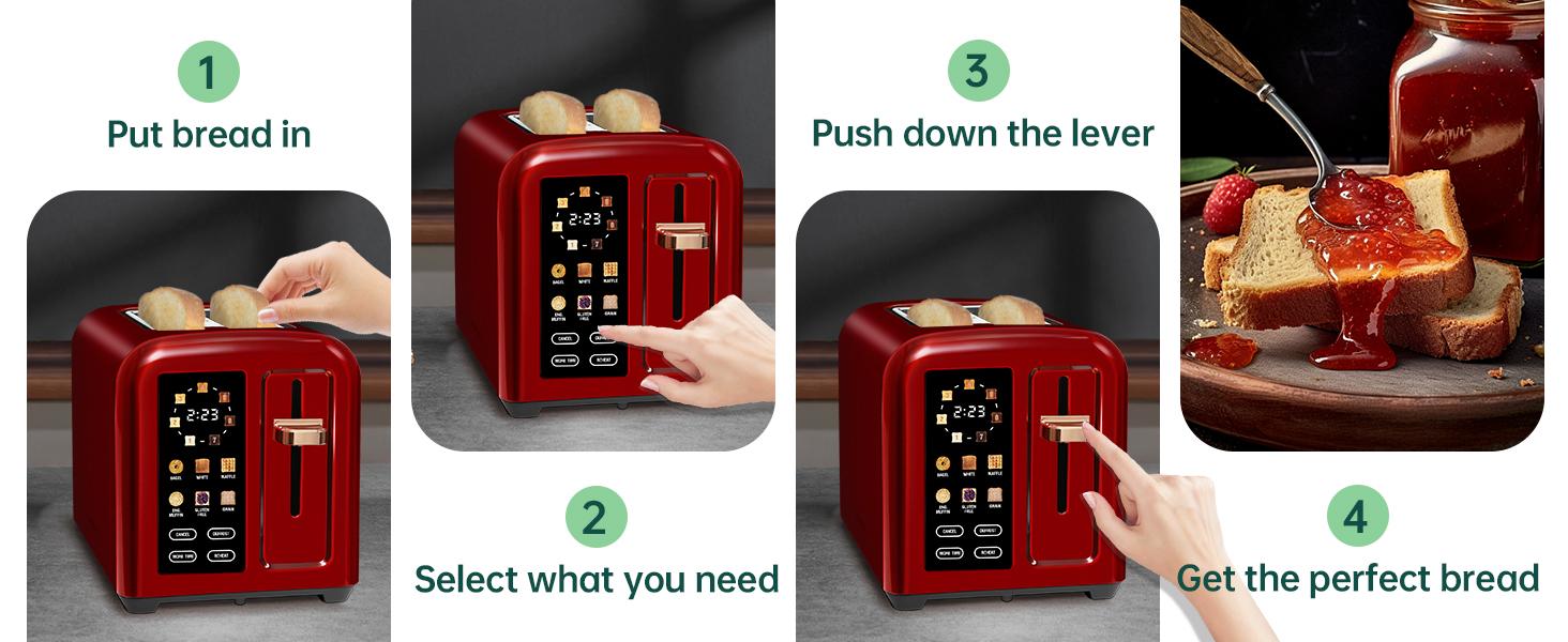 Toaster 2 Slice, Touch Control Stainless Toaster LCD Display, 50% Faster Heating Speed, 1.4'' Wide Slots, More Timer Functions, Removable Crumb Tray, 1350W, Dark Cherry