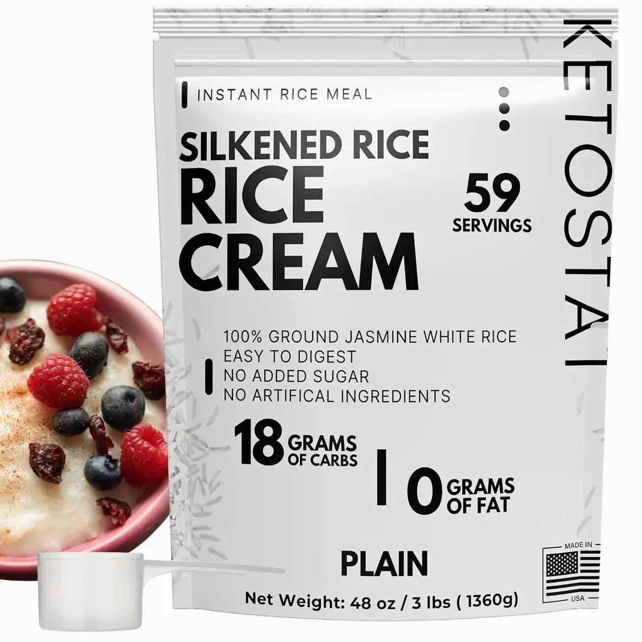Rice Cream 3 LB, Plain Jasmine White Rice Hot Rice Cereal Scoop Included - 48 oz Easily Digestable Carb Source Emergency Food Supply Survival Carbohydrate with Long Shelf Life Prepper Supplies