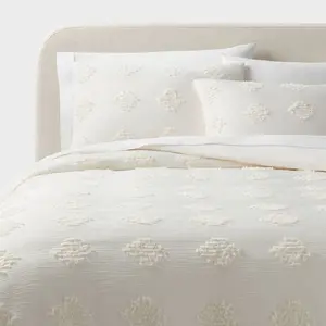 Full/Queen Tufted Diamond Crinkle Comforter and Sham Set Ivory - Threshold