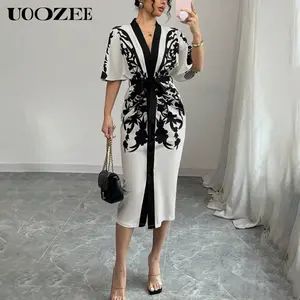UOOZEE Women's Casual Summer Half Sleeve Floral Print Tied Waist V-Neck Midi Dress, Drape Soft Breathable Fabric Outfits, Simple and Elegant Midi Dress for Parties, Dates and Outings.