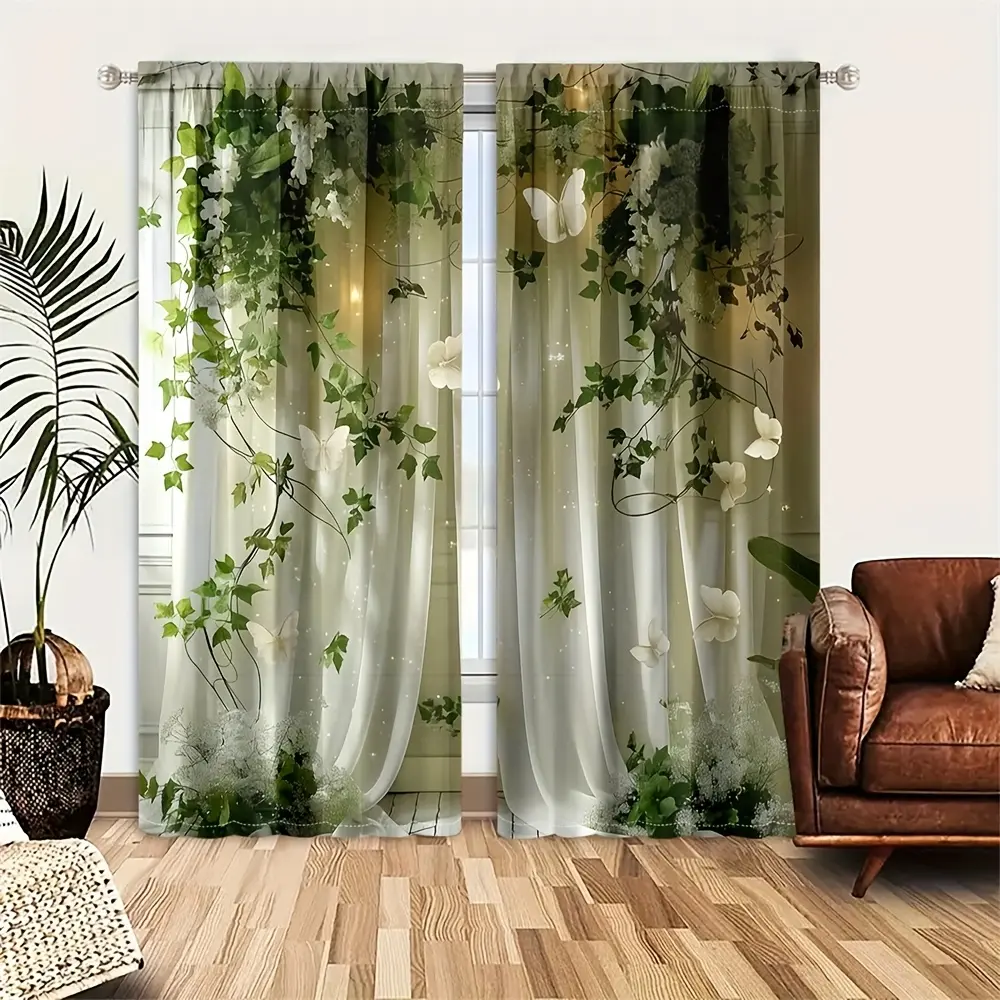 1Set/2pcs Green Vine Butterfly Yarn Shadow Printing Pattern Curtains-Fashion Flower Pattern, For Bedroom, Multiple Room Types Decorative-Rod Pocket, Fabric Is A Bit Thin 90-100g.Please Note That It Is Only A Pattern Print.Limited Stock
