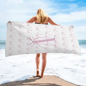 Coquette Pink Bow Monogram Letter A-Z Print Beach Towel, Stylish Soft Bath Towel, Quick-Dry Towel, Cute Personalized Initial Towel for Summer Vacation, Bachelorette, Beach Days