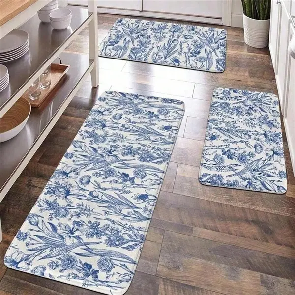Blue Floral Diatomaceous Earth Bath Mat Set, Non-Slip Absorbent Kitchen Rugs, Blue White Botanical Floor Mats Bath Flower,Blue White Floral Diatomaceous Earth Bath Mat 3pcs Set, Absorbent Non-Slip Kitchen Runner Rug, Toilet Bathroom Mat