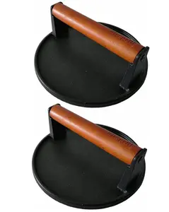 2-Pack Burger Press 7.08" Round,Heavy-Duty Cast Iron Smash Burger Press Meat Steak with Wood Handle for Blackstone Camp Chef Pitboss Weber Griddle Grills (2 Round)