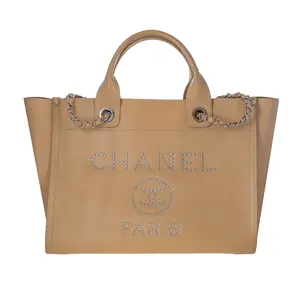 Pre-owned CHANEL Caviar Tote Bags Studded Deauville Tote Small Neutral