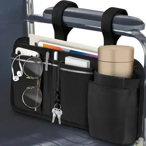 Wheelchair Side Organizer Bag with Cup Holder Pen Slot & Reflective Strips for Power Wheelchairs Walkers Rollators in Durable Black Fabric