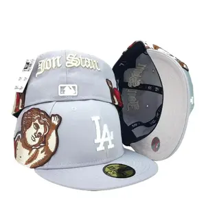 Trendy New Era Los Angeles Dodgers 59FIFTY Fitted Cap – Grey “Jon Stan” Script, Angel Graphic Embroidery, White LA Logo, Unique Streetwear MLB Hat,