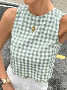 Summer Sleeveless Checkered Top, and Gingham Design, Slim Fit Crop Shirt with Ruffled Hem for Casual Stylish Look