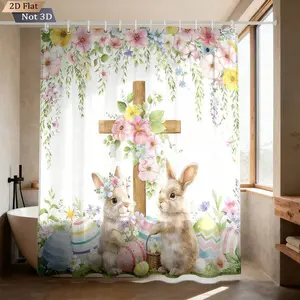 1pc Easter Cross & Rabbit Print Shower Curtain, Waterproof Polyester Fabric Bathroom Curtain For Decoration, Bathtub Divider, Dorm Room, Suitable For Boys And Girls, Available In Multiple Sizes, Romantic, Luxurious, Cozy Bathroom Accessory
