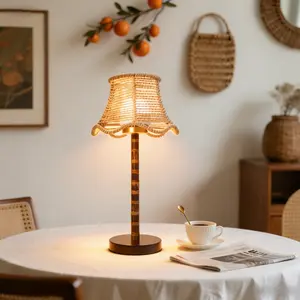 Boho Cordless Table Lamp with 2 Rechargeable 3-Color Bulbs, Handwoven Rope Shade, Natural Bamboo Pole & Solid Wood Base for Bedroom Living Room Deco