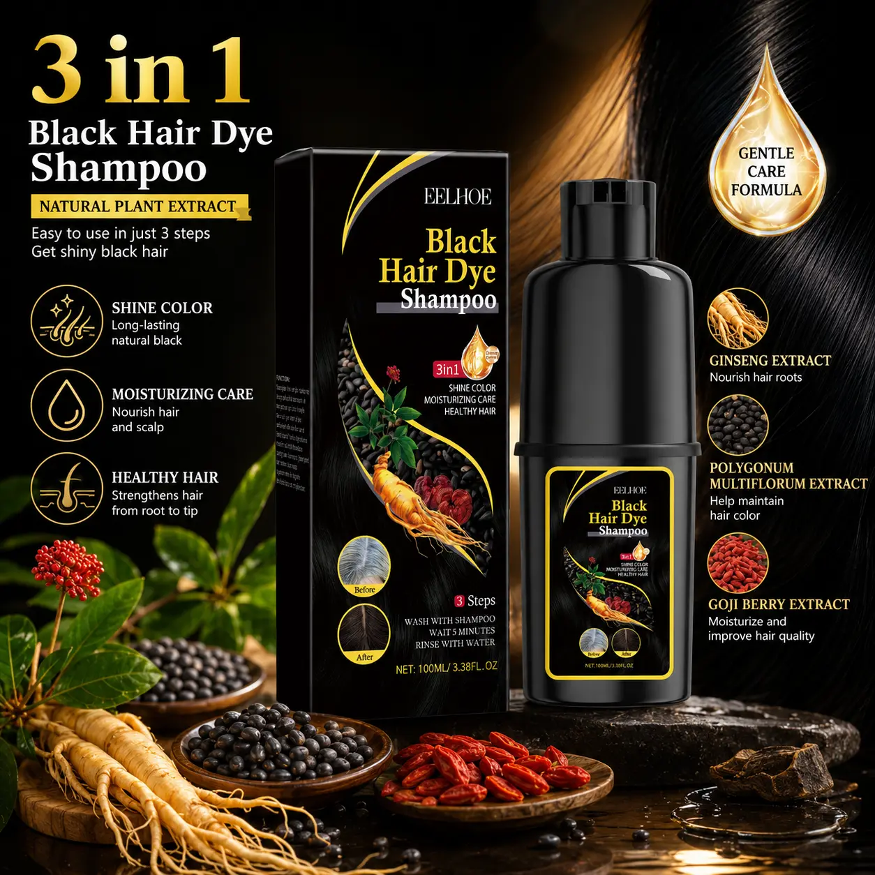 EELHOE Black Hair Darkening Shampoo - Herbal Extract Hair Products, Moisturizing Cleanser, Nourishing Scalp Treatment for Home Haircare Use