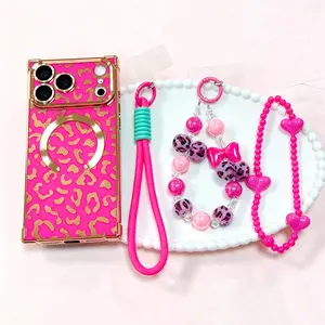 Luxury leopard print glitter square phone case bead string bracelet hanging rope three piece set suitable for iPhone 14/15/16/17 Pro Max, supports MagSafe all inclusive, anti fall, light luxury, high-end, wear-resistant and durable protective cover