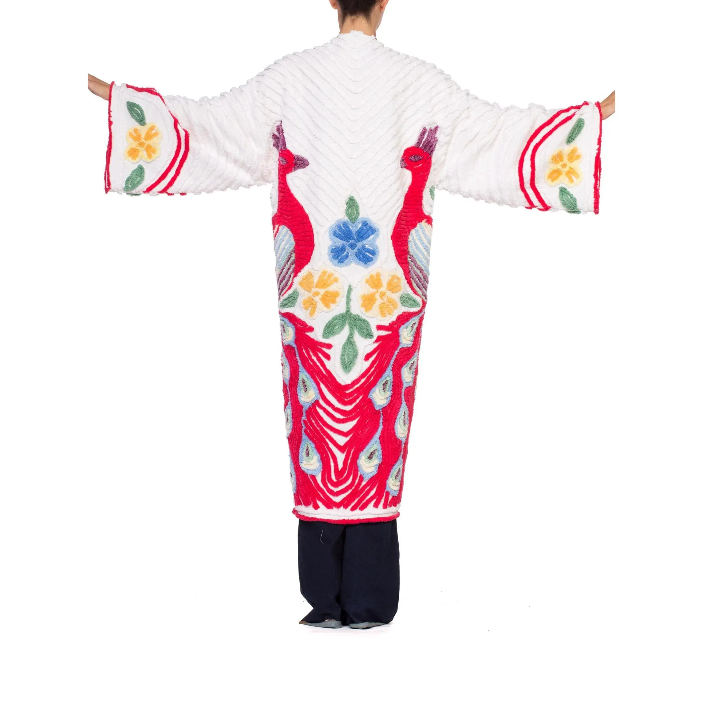 MORPHEW COLLECTION Red & White Cotton Hand Embroidered Chenille Peacock Beach Coat