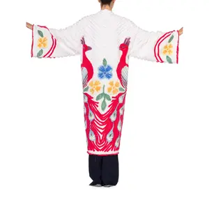 MORPHEW COLLECTION Red & White Cotton Hand Embroidered Chenille Peacock Beach Coat