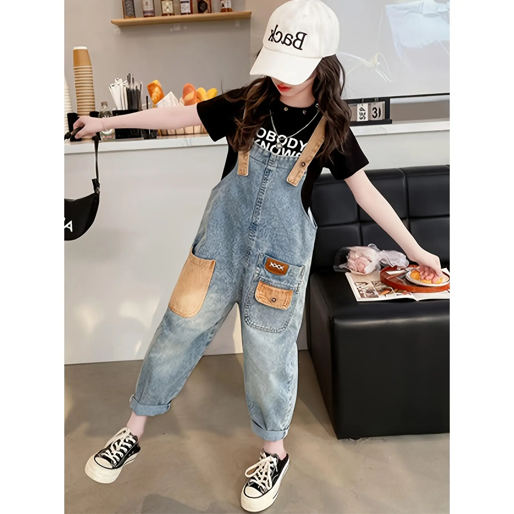 Girls' Vintage Wide-Leg Faux Overalls with Patchwork & Contrast Brown Patches - Machine Washable Loose Fit All-Season Casual Jumpsuit Outdoor Play & Casual Attire, Durable Kids' Clothing, Perfect Outdoor
