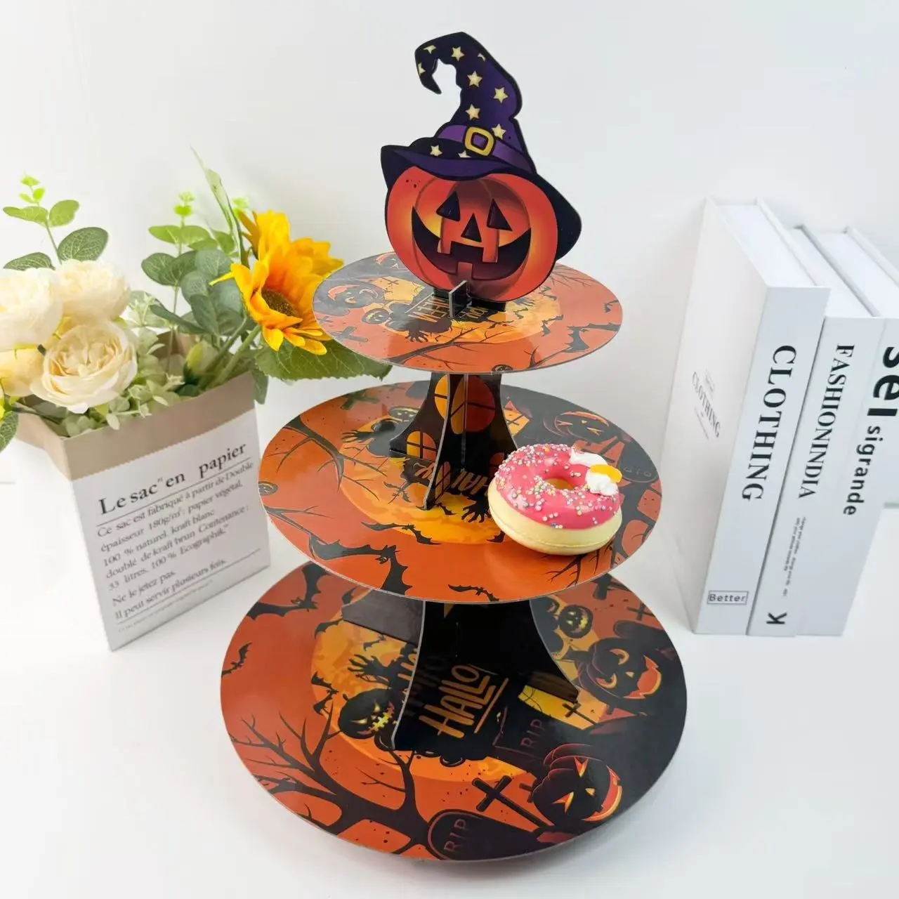 Halloween Evil Pumpkin Multi-Layer Cake Stand for Parties, Decorative Paper Afternoon Tea Display Rack, Kids Party Treats Serving Tray