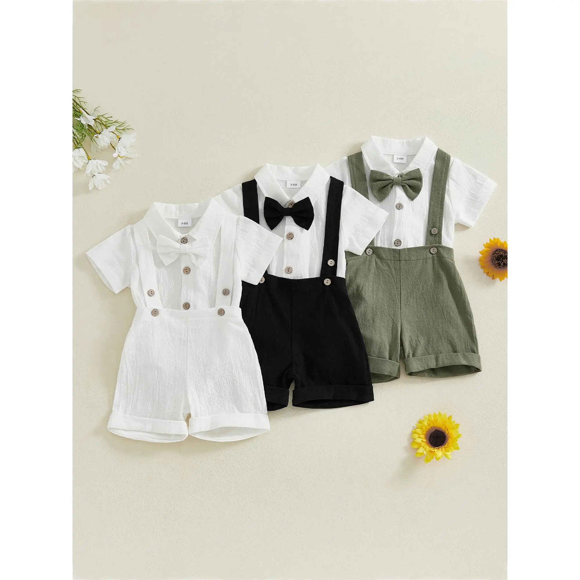 Baby Boy Gentleman Outfit Solid Color Short Sleeve Lapel Neck Romper with Suspender Shorts and Bowtie 3 Pcs Set