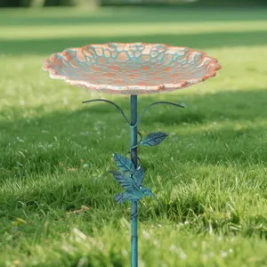 Vintage Metal Bird Bath Bowl, Turquoise Stone Pattern, Outdoor Garden Decor, Bird Feeder with Fish-Shaped Stand, Yard Decoration