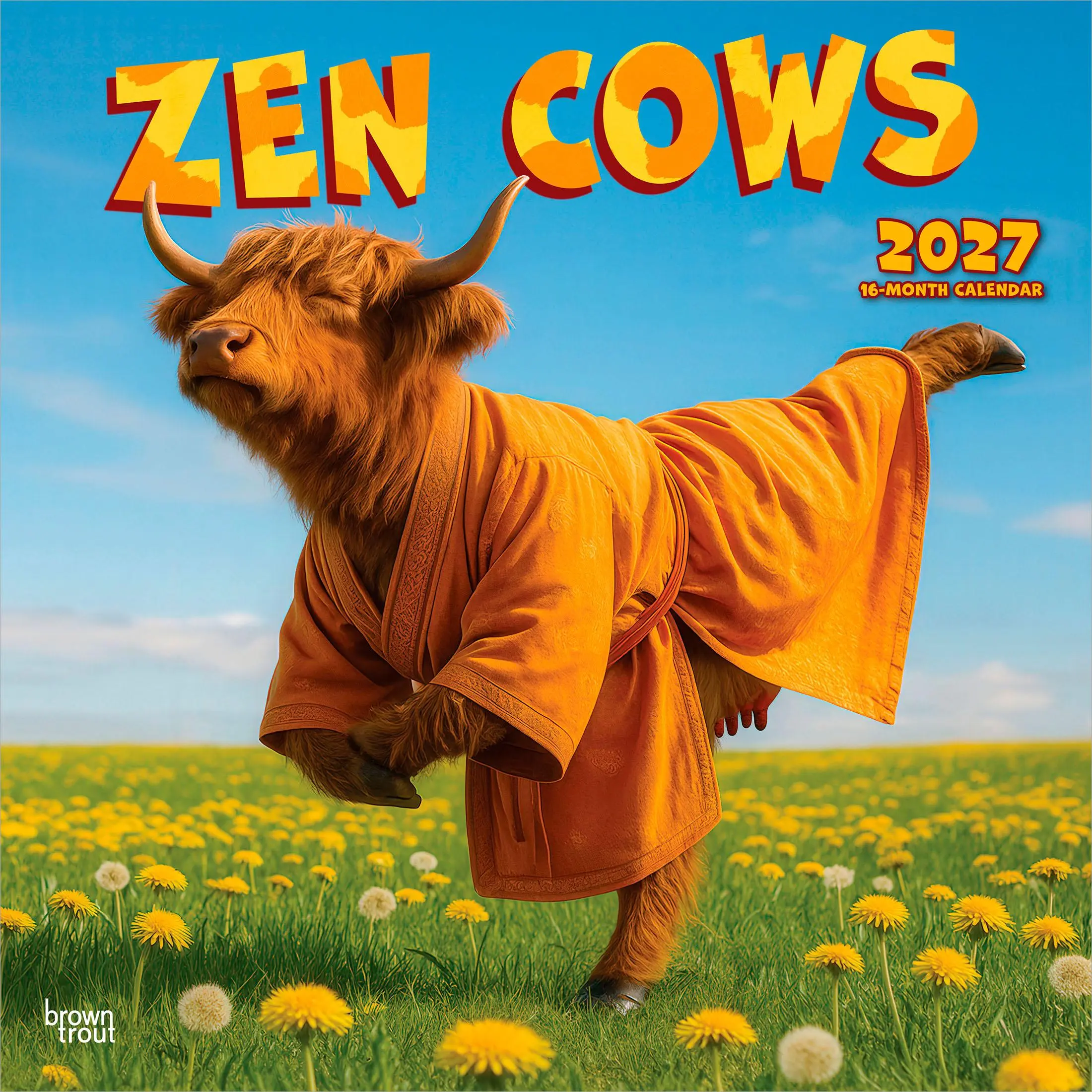Zen Cows | 2027 12 x 24 Inch (Hanging) Monthly Square Wall Calendar | Plastic-Free | BrownTrout | Domestic Farm Animals Humor