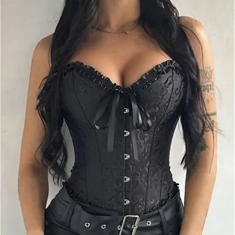 Women's Slim-Fit Vintage Embellished V-Neck Polyester Overbust Corset Top - Lacy Trim Push Up Bustier, Steampunk Waist Cincher, Clothes for Women, Halloween Costume, Clubbing Wear (XS-3XL)