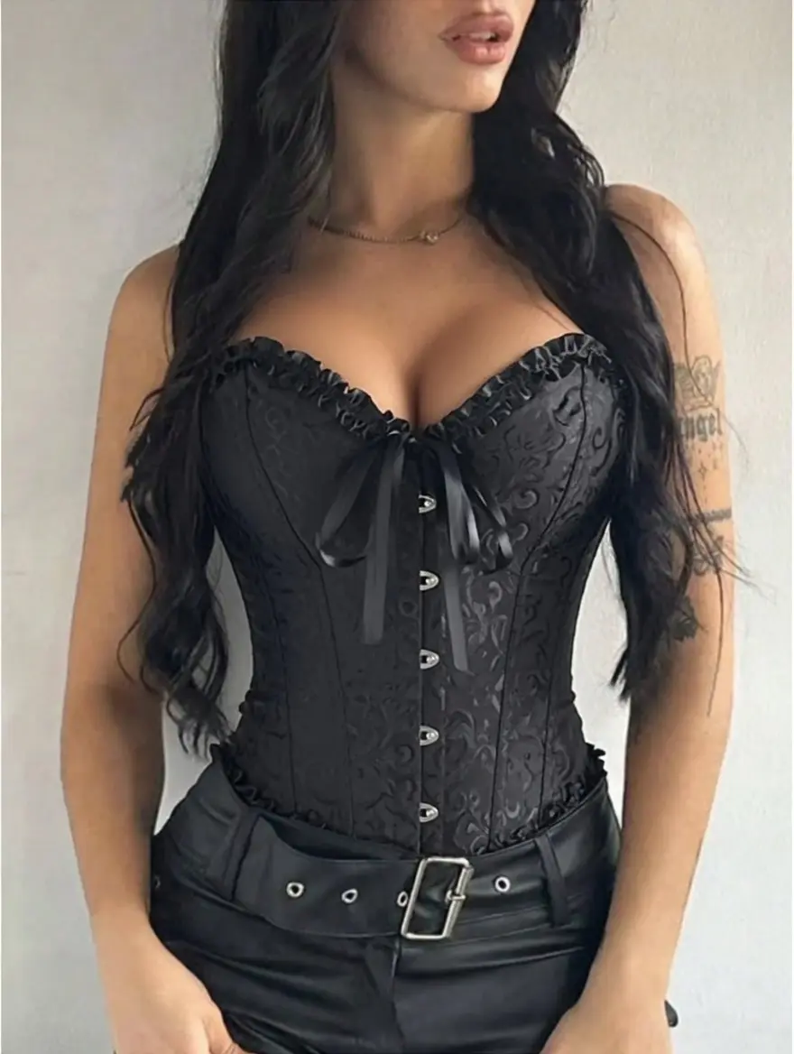 Women's Vintage Floral Jacquard Overbust Corset Top - Lace Trim Push Up Bustier, Steampunk Body Shaper Party Corset for Halloween & Clubwear (XS-3XL)