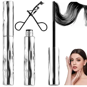 Waterproof Metal Wand Mascara，Black Washable Metal Mascara Wand，Steel Tube Mascara Primer，Super Voluming Lash Extensions，Long Lasting Smudge-Proof No Flaking-2pcs Mascara with 1pc Eyelash curler
