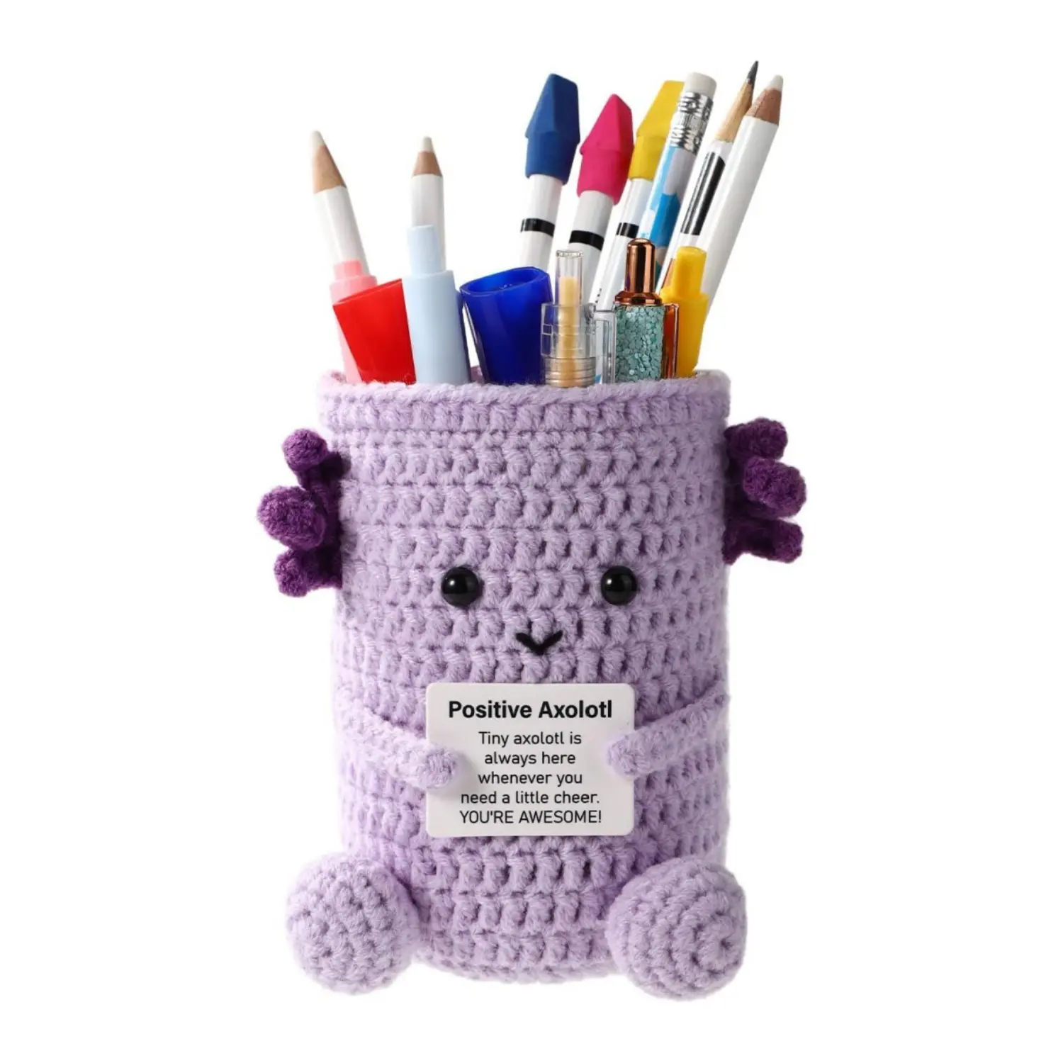 Crocheted Axolotl Pen Holder, Penholder, with Inspirational Card for Holding Pen Pencil Stationery Makeup Brushes