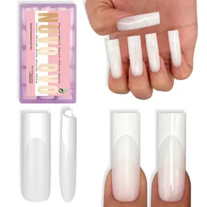 NOVO OVO Long Square French Tip Nail Tips, Extra Thick Soft Gel Tips Full Cover, 180Pcs Milky White Pre-Etched False Nails (Need Builder Glue Gel & Top Coat), 15 Sizes Press on Nail Extension Kit