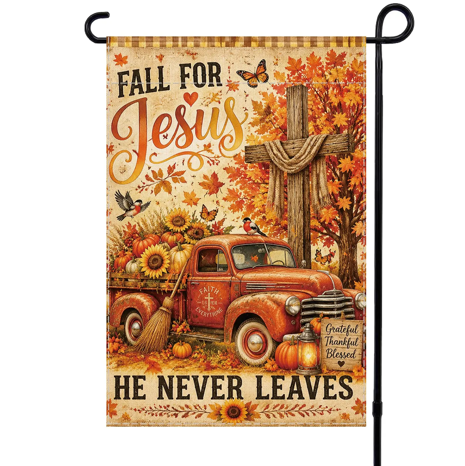 Christian Thanksgiving Cross Motif Garden Flag, 12x18 in Double-Sided Outdoor Décor, Weather-Resistant Fade-Proof Psalm 107:1 Religious Home Decor