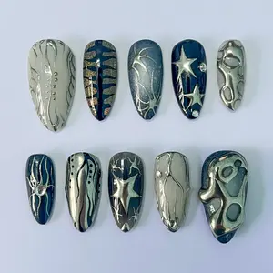 Freestyle 3D Almond Press On Nails, Metallic Chrome Goth Nails Art, Gothic Emo Style Press Ons for Birthday Event Holiday