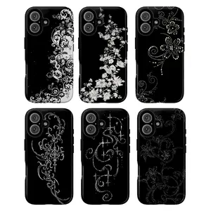 Black Rhinestone Floral Phone Case – Luxury Gothic Aesthetic Art Cover for iPhone 17 16 15 14 13 12 11 Pro Max X XS XR & Samsung Galaxy S21–S25 Ultra