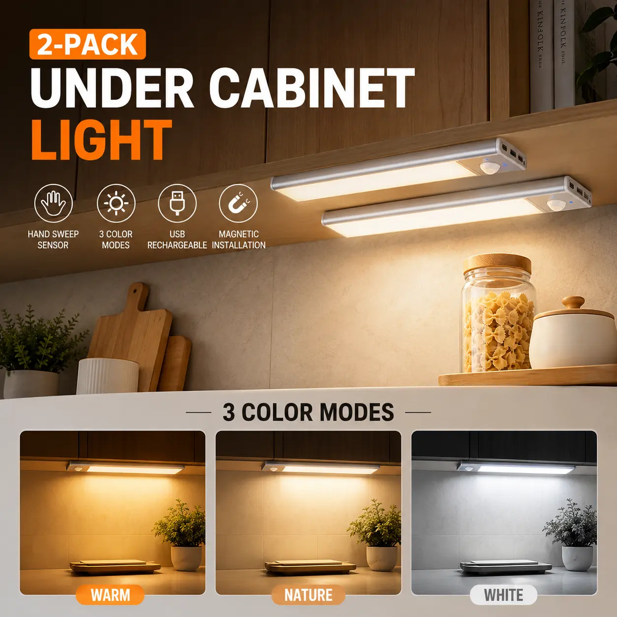 Under Cabinet Lighting, 11.81in Motion Sensor Light Indoor Rechargeable, Closet Lights Battery Operated for Kitchen Cabinets, Shelves, Walls