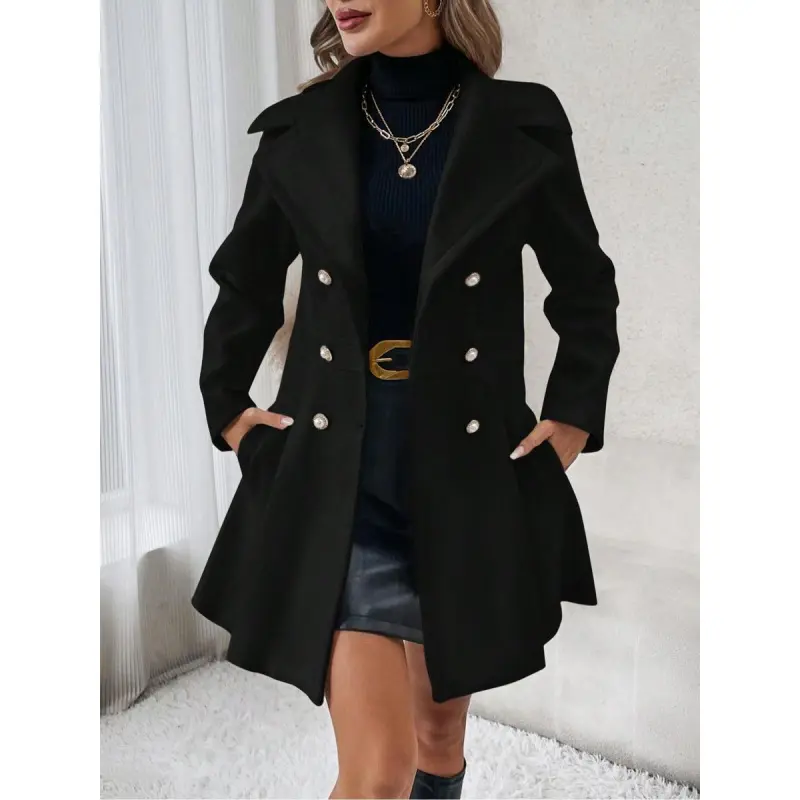 Women's Solid Double Button Pocket Overcoat, Casual Long Sleeve Lapel Neck Outerwear for Fall & Winter, Women's Clothes for Daily Wear, Clothing for Women, Cute Tops