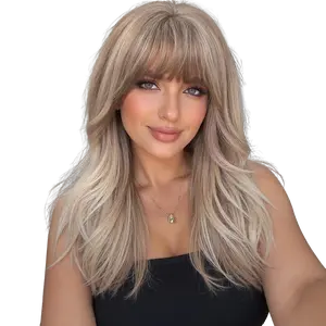 DWY Tegan Machine Made Short Light Brown Bob Breathable Cap Design Glueless Premium Synthetic Wig with Bangs for Women 18 Inches L15