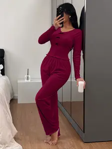 Women's Casual Home Set, Bow Design Long Sleeve Top & Loose Pants Two-Piece Pajama Set, Loungewear, Soft Comfortable Fall Winter