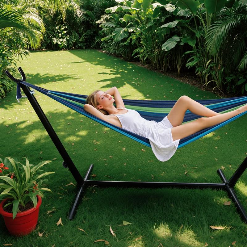 Double Hammock With Carry Bag, With Space-Saving Stand, Heavy-Duty Steel Frame, 450 Lb. Load Capacity, Easy To Assemble, For Patio, Park, Outdoors