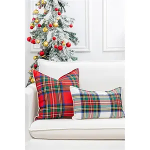 Classic Christmas Holiday Winter Heavy-Weight Canvas Decorative Lumbar Pillow Cover ONLY for Couch, Sofa, Bed, Scottish Tartan Plaid with Sherpa Back, 12"x20"
